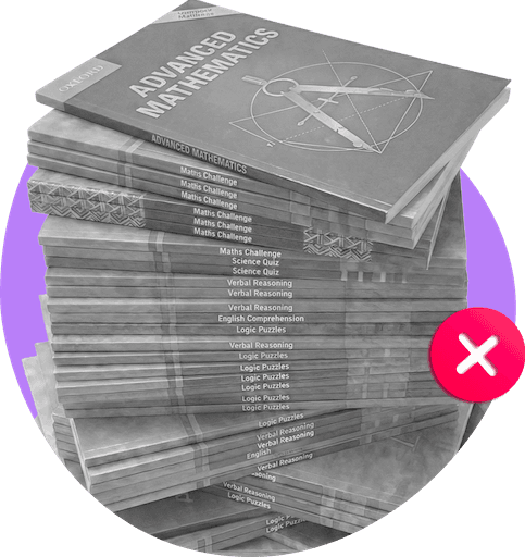 A grey stack of 11+ revision workbooks marked with a red cross