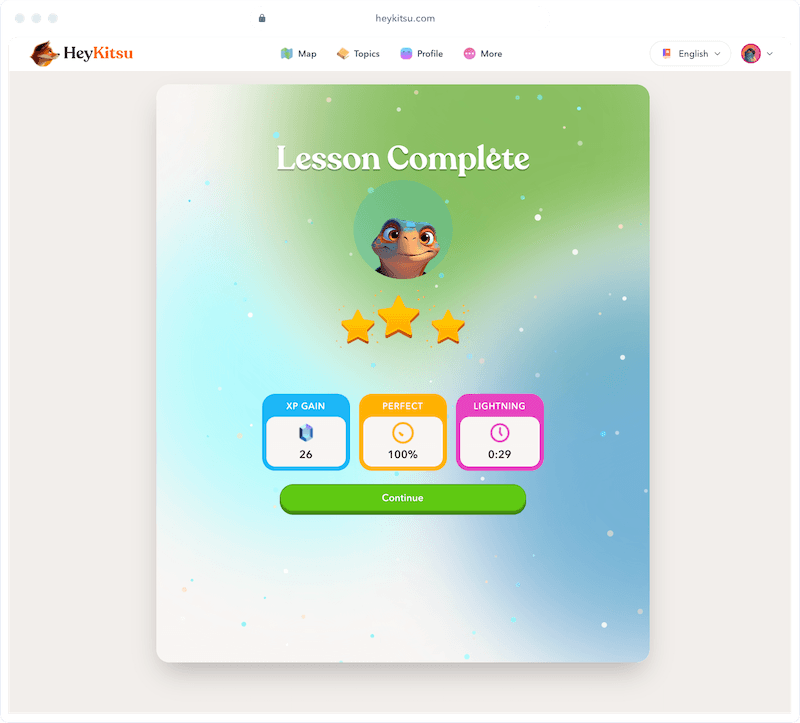 HeyKitsu progress map with stars, gems and a winning medal
