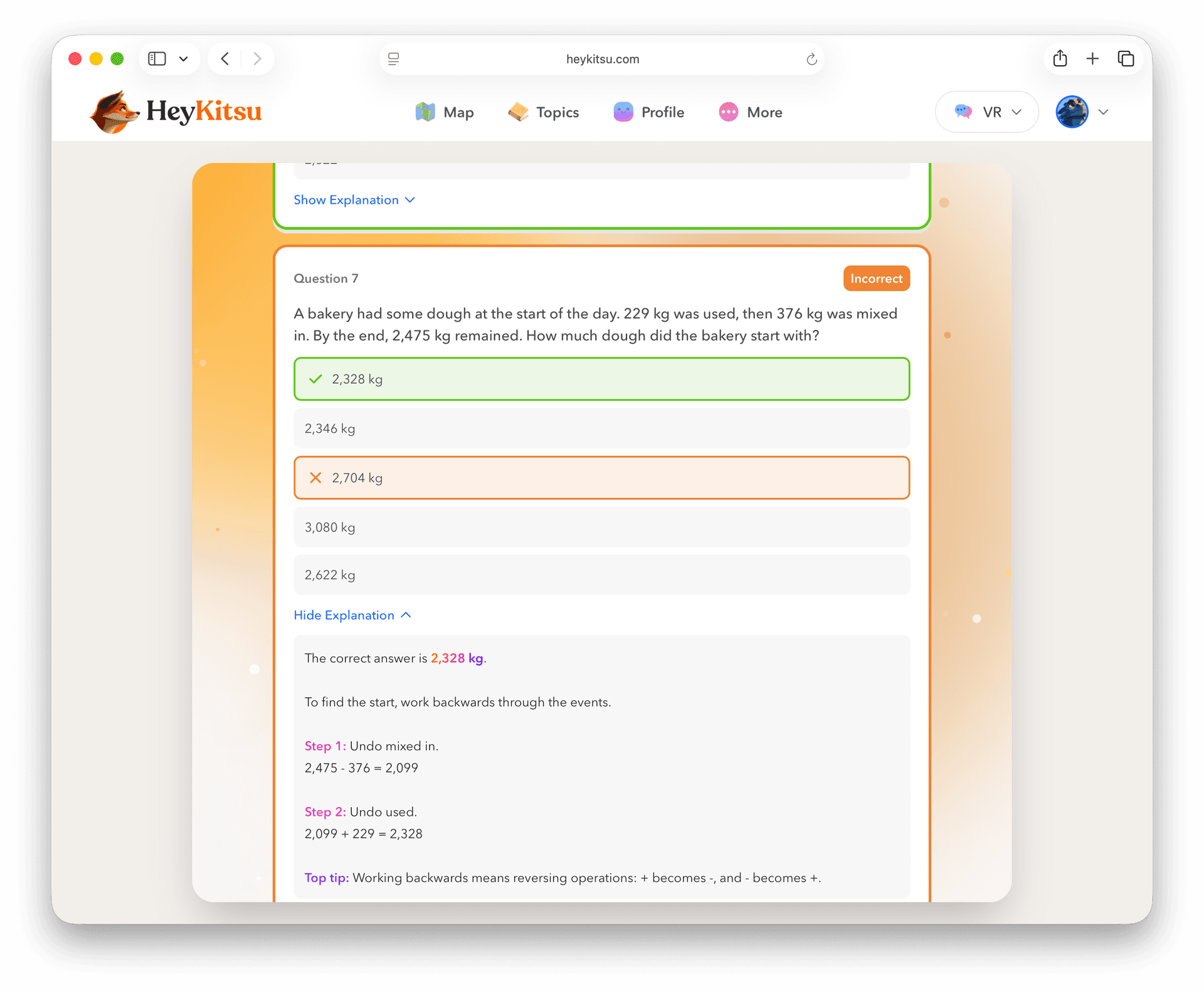 The results page shows the answers and explanations