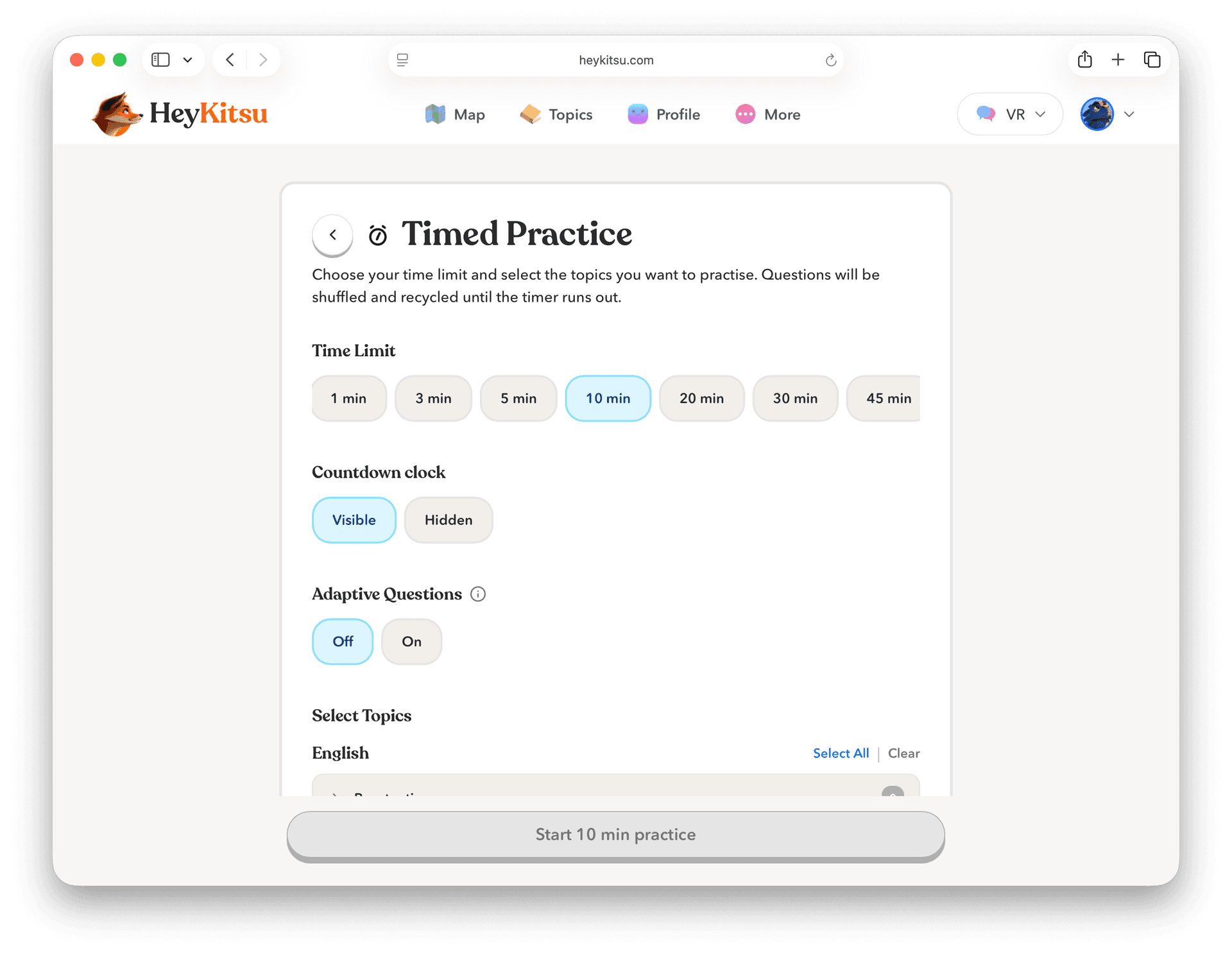 Timed practice mode on HeyKitsu